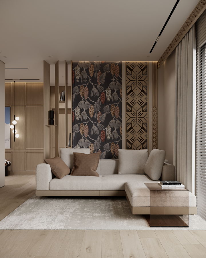 Modern — salon z autorską tapetą inspirowaną naturą